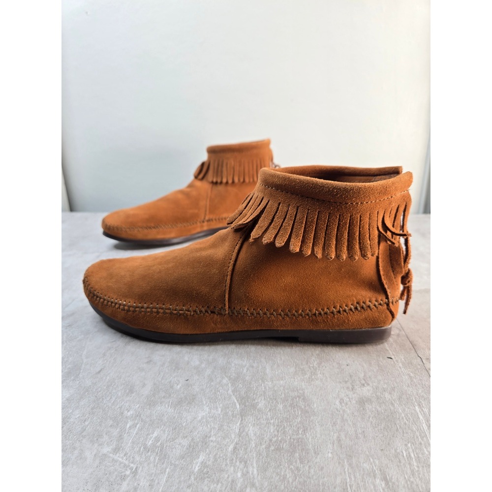 Minnetonka Fringe Ankle Boots Chestnut Brown Suede Back Zip Flat Moccasin Bootie